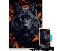 Puzzle pour Adultes 1000 pièces Portrait de Loup Noir avec Feuilles d'automne,Puzzle sans Couture,Jeu de Concentration,Cadeau de détente,Cadeau d'anniversaire (50x75cm)
