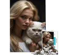 Puzzle pour Adultes 1000 pièces Portrait d'une Fille et de Son Chat Jeu Stimulant et éducatif Décoration Parfaite Cadeau Amusant (Dimensions 50x75cm)
