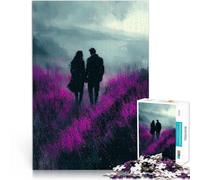 Puzzle pour Adultes 1000 pièces Promenade Romantique à Travers Les Champs de Lavande Violette dans Un Style Anthracite Jeux Amusants Cadeau Amusant 75x50cm