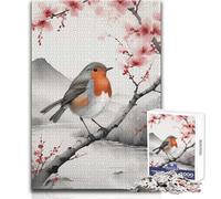Puzzle pour Adultes - 1000 pièces - Rouge-Gorge sur Une Branche avec des Fleurs de Cerisier - Design élégant - Décoration Murale - Cadeau d'anniversaire - Dimensions : 50x75cm