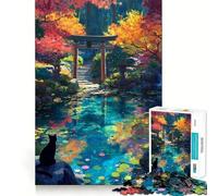 Puzzle pour Adultes 1000 pièces Sanctuaire d'automne Chat Noir Japonais Jeu de logique Amusant et Facile à Jouer Cadeau Artistique de Noël (38x26cm)