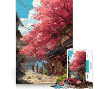 Puzzle pour Adultes 1000 pièces Scène de Rue en Fleurs de Cerisier Bordure Fine Jeu de Concentration Amusant Jeu Relaxant Cadeau d'anniversaire Amusant (38x26cm)