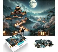 Puzzle pour Adultes 1000 pièces Scène Nocturne d'un château Japonais Défi Difficile avec Affiche et Feuille de Questions correspondantes 38x26cm