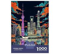 Puzzle pour Adultes 1000 Pièces Shanghai Skyline at Night Puzzle pour Adolescents pour S'amuser en Famille, Défi Éducatif, Cadeau d'anniversaire Unique 38x26cm/1000pcs