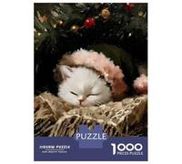 Puzzle pour Adultes 1000 Pièces Sleeping Cat in Santa Hat Painting Puzzle Casse-tête Difficile, Cadeau pour Les Amis Et La Famille 52x38cm/1000pcs