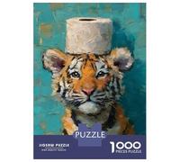 Puzzle pour Adultes 1000 Pièces Tiger Cub with Toilet Paper Hat Puzzle Casse-tête Jeu pour S'amuser en Famille Interaction Parent-Enfant 70x50cm/1000pcs