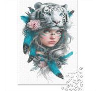 Puzzle pour Adultes 1000 Pièces Tiger Headpiece with Feathers Puzzle pour Adolescents Difficile, Liste De Souhaits avec Le Père Noël, Jeu Amusant Et Stimulant pour Toute La Famille 38x26cm/1000pcs