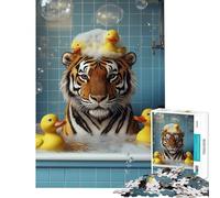 Puzzle pour Adultes 1000 pièces Tigre dans Une Baignoire avec des Canards en Caoutchouc Jeu Difficile et Stimulant d'analyse et de logique Décoration Murale Convient aux 14 Ans et Plus 38x52cm