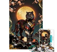 Puzzle pour Adultes 1000 pièces Tigre orné avec Lune et Fleurs Défi éducatif Défi Difficile Jeux Amusants pour Les 14 Ans et Plus 50X75cm