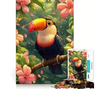 Puzzle pour Adultes 1000 pièces Toucan dans Une Floraison Tropicale Animal Articulations Lisses Jeu Amusant de Concentration mentale Jeu Occasionnel Cadeau Amusant d'anniversaire (50x75cm)