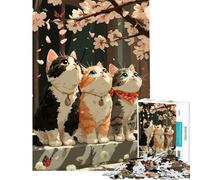 Puzzle pour Adultes 1000 pièces Trois Chats sous Les cerisiers en Fleurs Jeu Difficile et Stimulant à réaliser adapté aux Personnes de 14 Ans et Plus 50x75cm