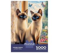 Puzzle pour Adultes 1000 Pièces Two Siamese Cats by The Window Puzzle Jeux Relaxants Découpe De Précision Interaction Parent-Enfant 52x38cm/1000pcs