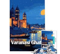 Puzzle pour Adultes 1000 pièces Varanasi Ghats Inde Nuit Illustration Jeu Manuel Jeu intellectuel Cadeau pour Femmes et Hommes Anti-Stress (Dimensions 38x26cm)
