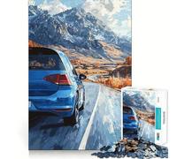 Puzzle pour Adultes 1000 pièces Voiture Bleue sur Route de Montagne Jeu de Construction Amusant et Stimulant,Loisir créatif,Cadeau d'anniversaire (38x26cm)
