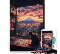 Puzzle pour Adultes 1000 pièces Vue du Mont Fuji par Un Chat Jeu de logique et de précision,Jouet Amusant et Relaxant,Cadeau de Noël apaisant (38x26cm)
