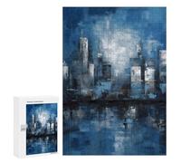 Puzzle pour Adultes 300 PCS Blue Urban Skyline - Abstract Cityscape Reflection Painting Puzzles pour Adultes Jeu Manuel pour Améliorer La Mémoire Cadeaux Uniques pour Un Anniversaire Et Noël 300 PCS