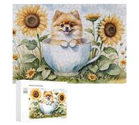 Puzzle pour Adultes 300 PCS Cute Pomeranian in Cup with Sunflowers Casse-tête pour Adolescents, Jeu De Réflexion, Course De Vitesse, Cadeaux d'anniversaire Et Originaux 300 PCS