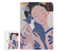 Puzzle pour Adultes 300 PCS Geisha with Cat Illustration Puzzle pour Adultes, Jeu De Réflexion, Découpe De Précision, Cadeaux Uniques pour Anniversaire Et Noël 300 PCS