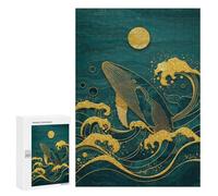 Puzzle pour Adultes 300 PCS Golden Whale in Teal Ocean Art Puzzles pour Adultes Jeu Manuel pour Améliorer La Mémoire Cadeaux Uniques pour Un Anniversaire Et Noël 300 PCS