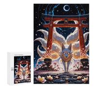 Puzzle pour Adultes 300 PCS Kitsune Nine-Tailed Fox Torii Gate Cherry Blossom Sakura Japan Puzzle pour Adultes Jeu Familial Découpe De Précision Activités Amusantes À La Maison 300 PCS