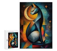 Puzzle pour Adultes 300 PCS Modern Cubism Cat and Moon - Abstract Geometric Feline Art Puzzles pour Adultes Jeu Manuel pour Améliorer La Mémoire Cadeaux Uniques pour Un Anniversaire Et Noël 300 PCS