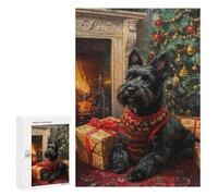 Puzzle pour Adultes 300 PCS Scottish Terrier Christmas Portrait Holiday Scottish Dog Puzzles pour Adolescents Jeu Manuel Décoration Intérieure Jeu Stimulant Cadeaux 300 PCS