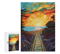 Puzzle pour Adultes 300 PCS Stained Glass Sunset Train Tracks Puzzles pour Adultes Cadeau d'anniversaire Jeu D'interaction Parent-Enfant Jeu Intellectuel 300 PCS