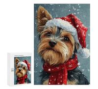 Puzzle pour Adultes 300 PCS Yorkie Christmas Portrait Yorkshire Terrier in Santa Hat Puzzle pour Adultes Jeux Relaxants pour S'amuser en Famille Jeu Stimulant Cadeaux 300 PCS