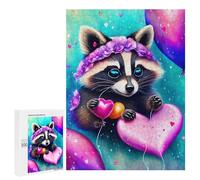 Puzzle Pour Adultes 500 PCS An Adorable Raccoon Holding A Heartshaped Balloon on A String, It Is Raining Hearts, Rose Puzzle Pour Adultes - Jeux Familiaux Amusants Et Humoristiques - Difficile Et Stim