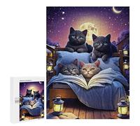 Puzzle pour Adultes 500 PCS Cats Reading Under Moonlight Puzzles pour Adolescents, Jouet, Décoration Murale, Motif À Assembler, Interaction Parent-Enfant 500 PCS