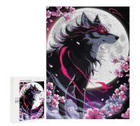 Puzzle pour Adultes 500 PCS Crimson Moon Howl - Ethereal Wolf Amidst Sakura Storm Puzzle Décoratif Mural Amusant Et Humoristique pour Une Interaction Parent-Enfant 500 PCS