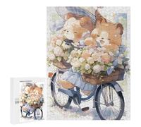 Puzzle pour Adultes 500 PCS Cute Teddy Bears Riding Bicycle with Flowers Puzzles pour Adolescents Découpe De Précision pour Anniversaire, Noël Jouet Jeu Intellectuel 500 PCS