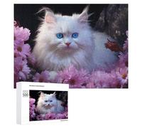 Puzzle pour Adultes 500 PCS Fluffy White Cat with Blue Eyes Surrounded by Pink Flowers Puzzles pour Adultes - Jouets Anti-Stress - Jeu Stimulant - Cadeaux 500 PCS