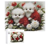 Puzzle pour Adultes 500 PCS Fluffy White Kittens with Red Flowers Casse-tête pour Adolescents, Jeu De Réflexion, Course De Vitesse, Cadeaux d'anniversaire Et Originaux 500 PCS