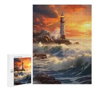 Puzzle pour Adultes 500 PCS Lighthouse Sunset Ocean Waves Puzzles pour Adolescents Découpe De Précision pour Anniversaire, Noël Jouet Jeu Intellectuel 500 PCS