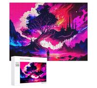 Puzzle pour Adultes 500 PCS Magical Neon Landscape with Tree Puzzle pour Adultes, Jeu De Réflexion, Cadeau pour Femmes, Activités Amusantes À La Maison, 500 PCS