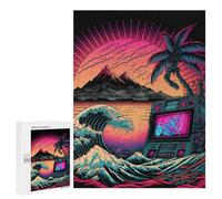 Puzzle pour Adultes 500 PCS Neon Sunset Boombox Wave Puzzles pour Adolescents, Jouet, Décoration Murale, Motif À Assembler, Interaction Parent-Enfant 500 PCS