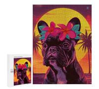 Puzzle pour Adultes 500 PCS Neon Sunset Pug with Flowers Puzzles pour Adultes Course De Vitesse Manuelle Activité Parent-Enfant, pour Toute La Famille 500 PCS