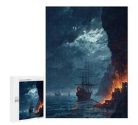 Puzzle pour Adultes 500 PCS Pirate Ship Attack by Moonlight Puzzles pour Adultes Course De Vitesse Manuelle Activité Parent-Enfant, pour Toute La Famille 500 PCS