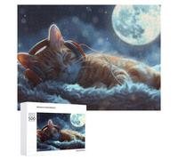 Puzzle pour Adultes 500 PCS Sleepy Cat with Headphones Under Moonlight Casse-tête pour Adolescents, Jeu De Réflexion, Course De Vitesse, Cadeaux d'anniversaire Et Originaux 500 PCS