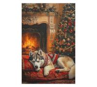 Puzzle pour Adultes 75x50cm/1000pcs Sleeping Husky Dog by Fireplace Christmas Scene Puzzle pour Adultes Jeux Relaxants Anti-Stress Cadeaux Uniques pour Anniversaire Et Noël 75x50cm/1000pcs