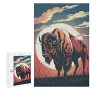 Puzzle pour Adultes American Bison Illustration with Sunset Backdrop Puzzle Anti-Stress, pour Les Femmes Et Toute La Famille 1000 PCS