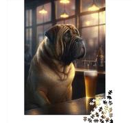 Puzzle pour adultes de 1000 pièces - Chien Mastiff buvant de la bière - Puzzle créatif rectangulaire en bois (38 x 26 cm)