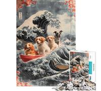 Puzzle pour Adultes de 1000 pièces représentant de Mignons Chiens sur Une Vague d'Hokusai Décoration Murale Originale Cadeau Unique pour Un Anniversaire ou Noël (50x75cm)
