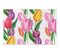 Puzzle pour adultes de 500 pièces - Éléphant blanc - Cadeau de fête - Aquarelle - Tulipes - Fleur rose - Puzzle unique pour adultes - Animaux de dessin animé - 52,1 x 37,9 cm