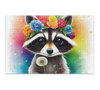 Puzzle pour adultes de 500 pièces - Éléphants blancs - Cadeau mignon - Raton laveur - Motif floral - Décoration de peinture animale - 52 x 37 cm