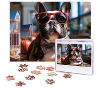 Puzzle pour adultes de 500 pièces - Puzzle amusant et stimulant - Bouledogue français portant des lunettes de soleil - Puzzle en bois - Œuvre d'art - Jeu familial pour anniversaire - 51,8 x 38,1 cm