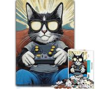 Puzzle pour Adultes en Bois, Funny Retro Gamer Cat 01, 500 pièces | Cadeau de Noël pour amateur de puzzle avec activité d'intérieur le w nd sur plusieurs sessions.