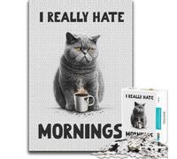 Puzzle pour Adultes en Bois, I Really Hate Mornings Cat, 300 pièces | Cadeau sans écran pour Noël avec activité pour une soirée calme.