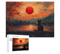 Puzzle pour Adultes, Motif Bloodmoon Cat Sunset, 500 PCS